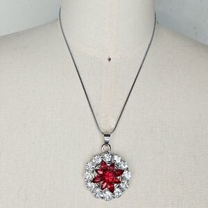 Round Rhinestone Snap Button Necklace with Ruby Red Rhinestone Petal Flower Snap